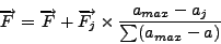 \begin{displaymath}
\overrightarrow{F} = \overrightarrow{F} + \overrightarrow{F_{j}}
\times \frac{a_{max}-a_{j}}{\sum (a_{max} - a)}
\end{displaymath}